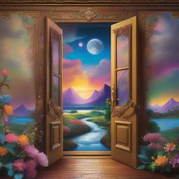 A beautiful and fantastical landscape visible through an open door