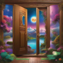 A beautiful and fantastical landscape visible through an open door