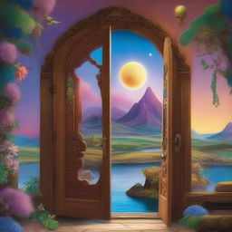 A beautiful and fantastical landscape visible through an open door