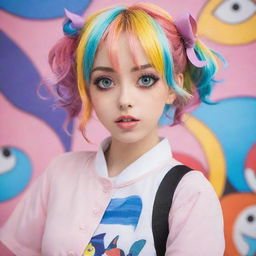 An anime-style woman with big expressive eyes, colorful hair, and trend-setting attire, posed against a beautifully rendered backdrop.