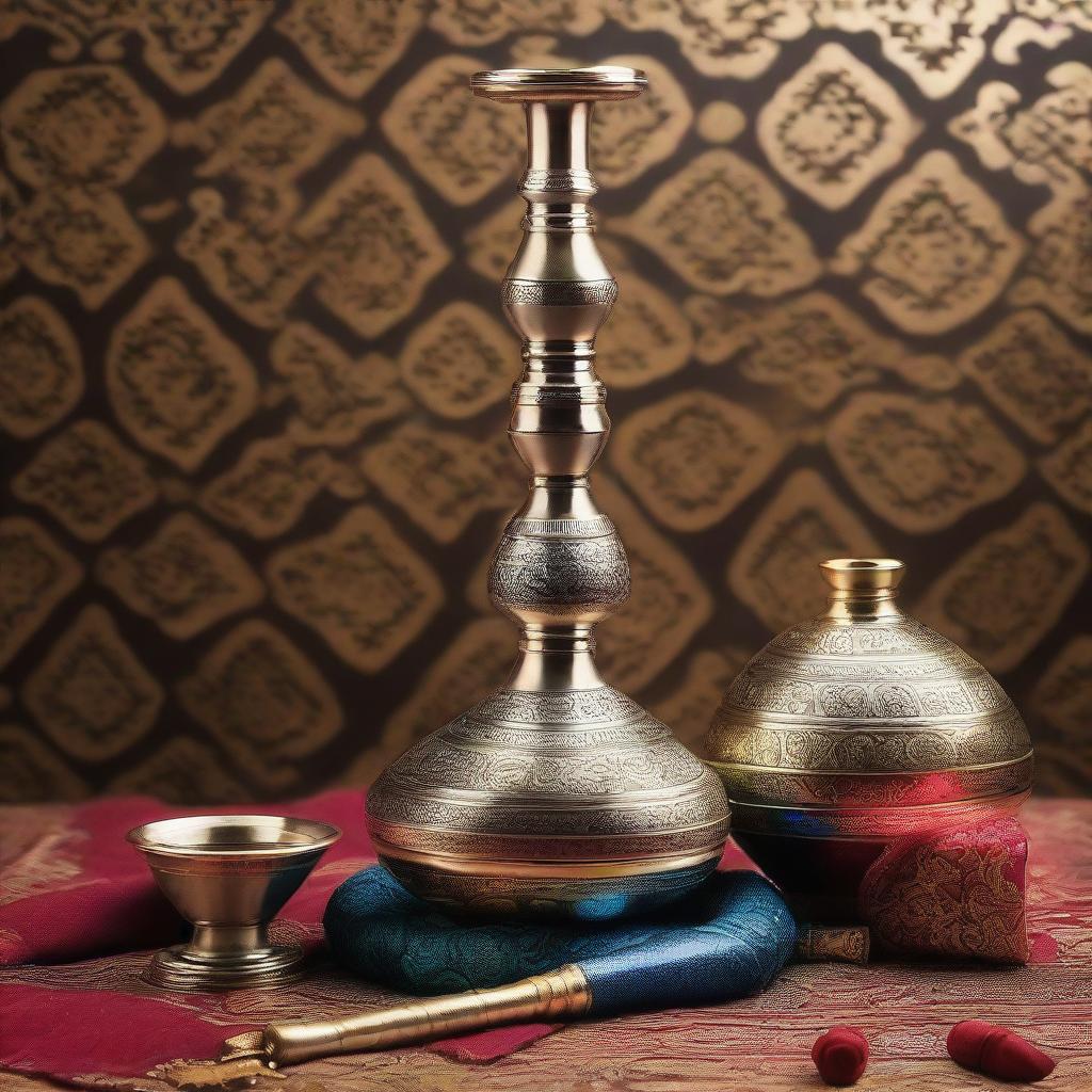 A beautifully designed hookah with intricate patterns and vibrant colors, set against an ornate Persian background