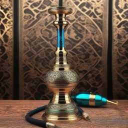 A beautifully designed hookah with intricate patterns and vibrant colors, set against an ornate Persian background