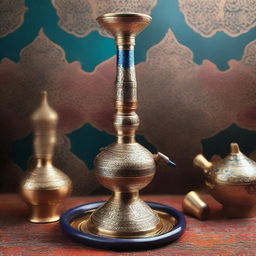 A beautifully designed hookah with intricate patterns and vibrant colors, set against an ornate Persian background