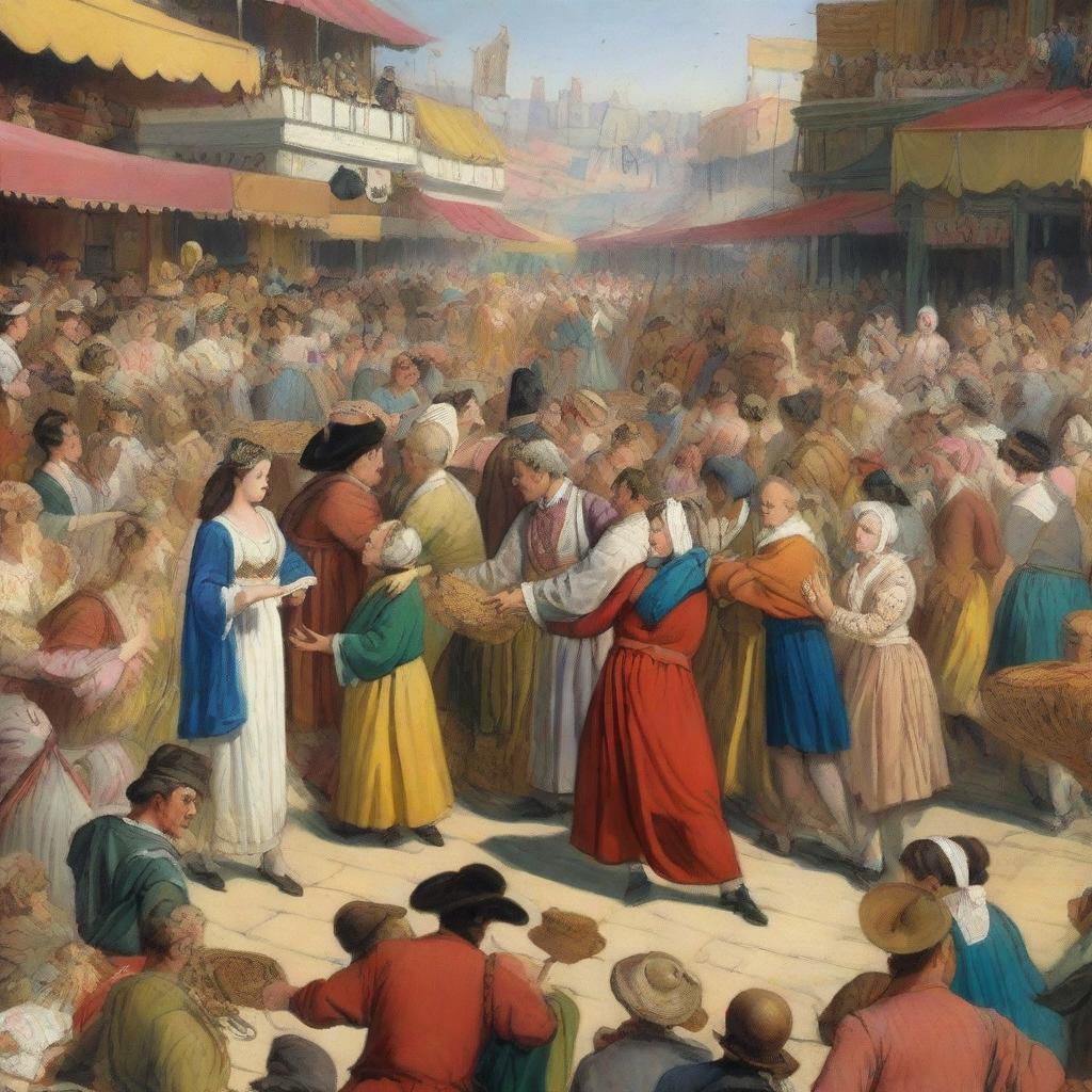 A lively scene at a bustling marketplace or fair, where a charismatic announcer invites people to witness various attractions