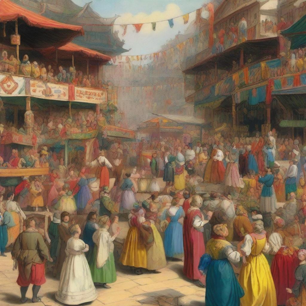 A lively scene at a bustling marketplace or fair, where a charismatic announcer invites people to witness various attractions