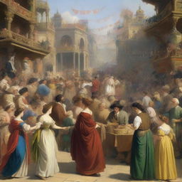 A lively scene at a bustling marketplace or fair, where a charismatic announcer invites people to witness various attractions