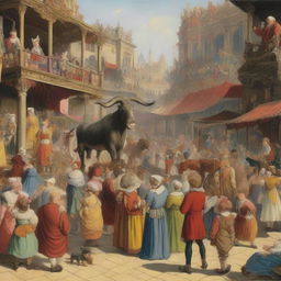 A lively scene at a bustling marketplace or fair, where a charismatic announcer invites people to witness various attractions