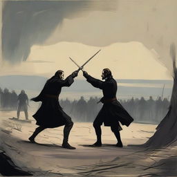 An illustration inspired by Griboyedov's ode to duels, capturing the intensity and honor of two individuals engaged in a formal combat