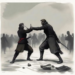 An illustration inspired by Griboyedov's ode to duels, capturing the intensity and honor of two individuals engaged in a formal combat