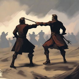 An illustration inspired by Griboyedov's ode to duels, capturing the intensity and honor of two individuals engaged in a formal combat