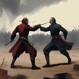 An illustration inspired by Griboyedov's ode to duels, capturing the intensity and honor of two individuals engaged in a formal combat