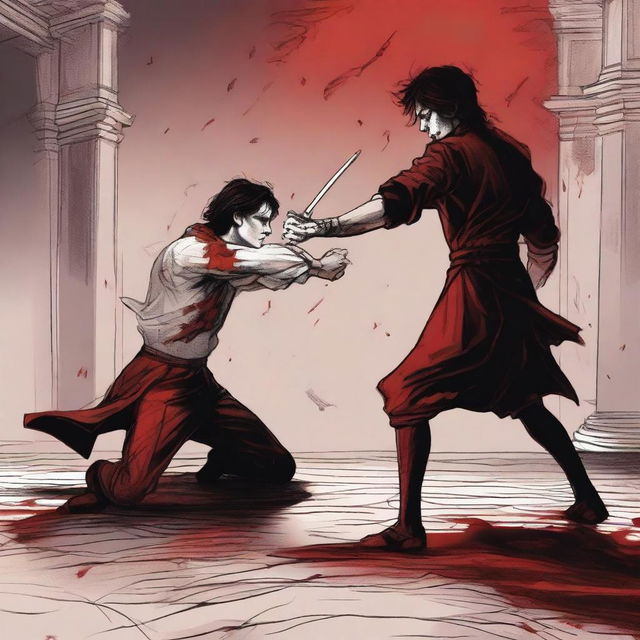 An illustration depicting a tragic duel scene inspired by a poetic description