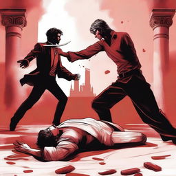 An illustration depicting a tragic duel scene inspired by a poetic description