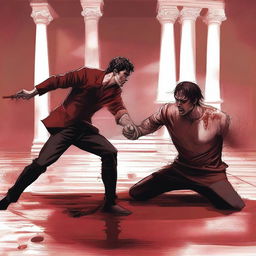 An illustration depicting a tragic duel scene inspired by a poetic description