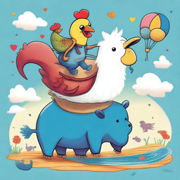 A whimsical and imaginative scene featuring a chicken riding a bear, which is riding an elephant, which in turn is riding a whale with legs