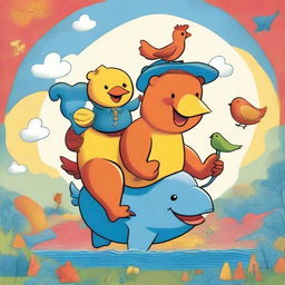 A whimsical and imaginative scene featuring a chicken riding a bear, which is riding an elephant, which in turn is riding a whale with legs