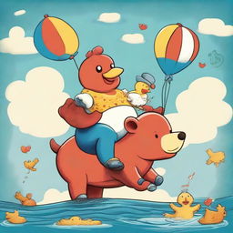 A whimsical and imaginative scene featuring a chicken riding a bear, which is riding an elephant, which in turn is riding a whale with legs