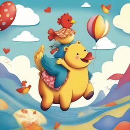 A whimsical and imaginative scene featuring a chicken riding a bear, which is riding an elephant, which in turn is riding a whale with legs