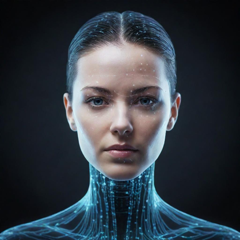 A digital AI avatar composed of circulating data and electric pulses, showcasing a futuristic and abstract appearance.