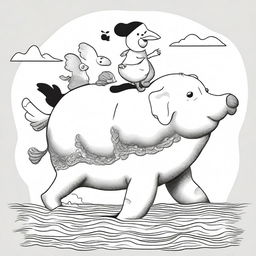 A whimsical black and white illustration featuring a chicken riding a bear, which is riding an elephant, which is in turn riding a whale with legs