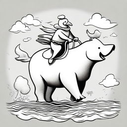 A whimsical black and white illustration featuring a chicken riding a bear, which is riding an elephant, which is in turn riding a whale with legs