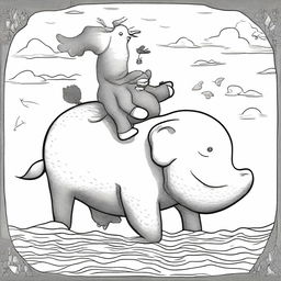 A whimsical black and white illustration featuring a chicken riding a bear, which is riding an elephant, which is in turn riding a whale with legs