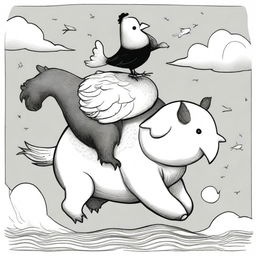 A whimsical black and white illustration featuring a chicken riding a bear, which is riding an elephant, which is in turn riding a whale with legs