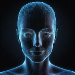 A digital AI avatar composed of circulating data and electric pulses, showcasing a futuristic and abstract appearance.