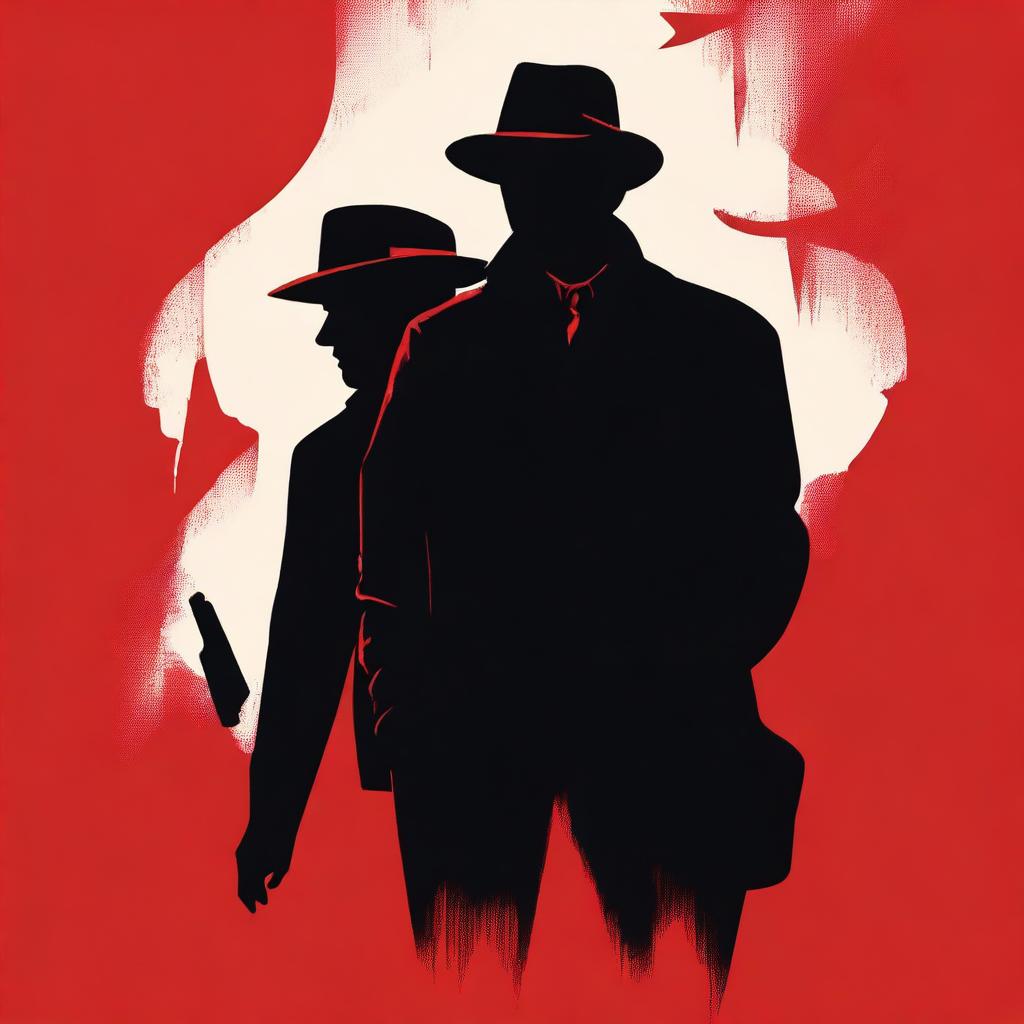 Create a book cover featuring the silhouettes of two detectives against a red background