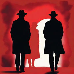 Create a book cover featuring the silhouettes of two detectives against a red background