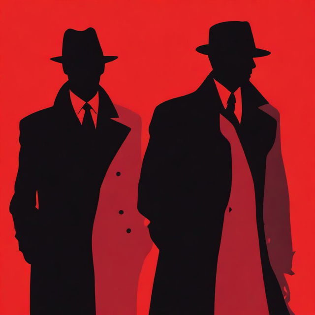 Create a book cover featuring the silhouettes of two detectives against a red background