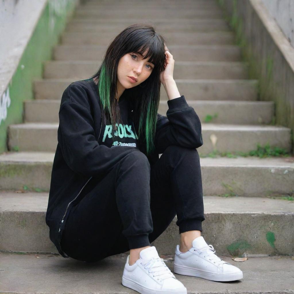 casual photograpy medium body, hip hop style clothes black jacket, sneakers, female , 23 year old with green eyes and black long hai with withe streaks in the bangs .,freckles, selfo, graffiti background stairs, medium distance shot, 4k hd,  --styerw--v 5.2 ar 2-3