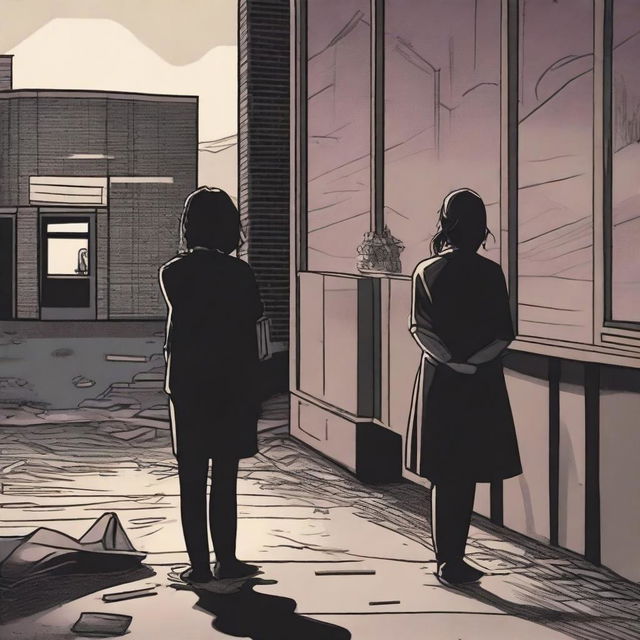 A somber and dark scene depicting a tragic discovery at a school