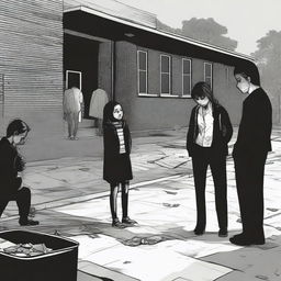 A somber and dark scene depicting a tragic discovery at a school