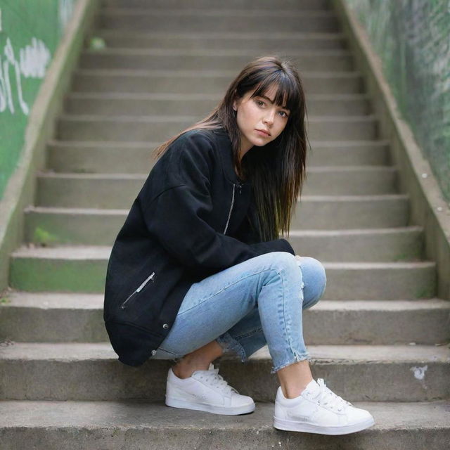 casual photograpy medium body, hip hop style clothes black jacket, sneakers, female , 23 year old with green eyes and black long hai with withe streaks in the bangs .,freckles, selfo, graffiti background stairs, medium distance shot, 4k hd,  --styerw--v 5.2 ar 2-3