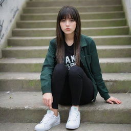 casual photograpy medium body, hip hop style clothes black jacket, sneakers, female , 23 year old with green eyes and black long hai with withe streaks in the bangs .,freckles, selfo, graffiti background stairs, medium distance shot, 4k hd,  --styerw--v 5.2 ar 2-3