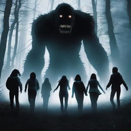 A tense and thrilling scene where a group of teenagers is trying to escape from a terrifying monster that is chasing them