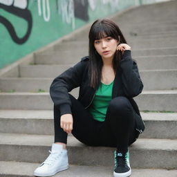 casual photograpy medium body, hip hop style clothes black jacket, sneakers, female , 23 year old with green eyes and black long hai with withe streaks in the bangs .,freckles, selfo, graffiti background stairs, medium distance shot, 4k hd,  --styerw--v 5.2 ar 2-3