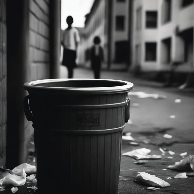 A dark and disturbing scene showing the hand of a deceased girl protruding from a trash can near a school