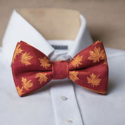 A bow tie meticulously crafted in the exact shape of a vibrant and detailed maple leaf.