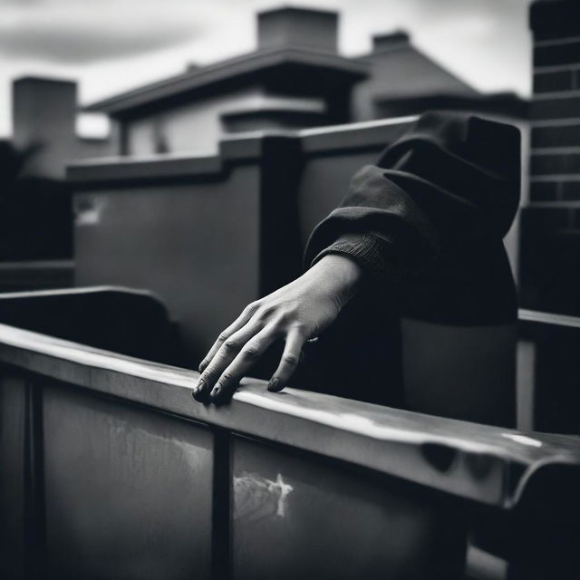 A dark and tragic scene showing the hand of a deceased girl protruding from a dumpster on school grounds