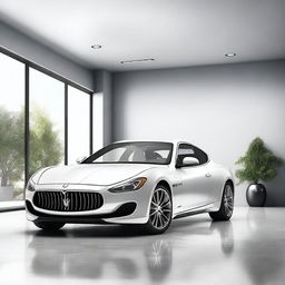 Create a hyper-realistic computer graphic of a Maserati in a spacious, modern garage