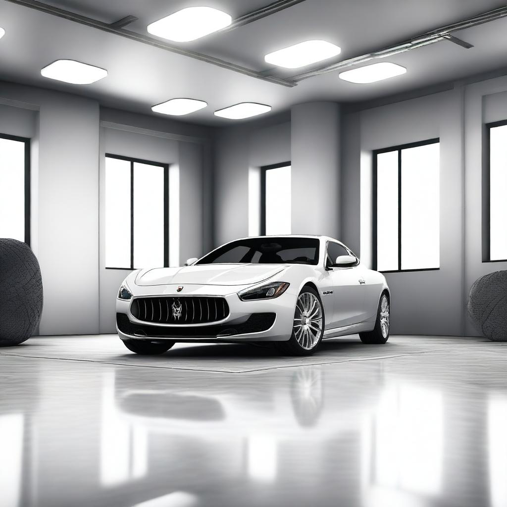 Create a hyper-realistic computer graphic of a Maserati in a spacious, modern garage