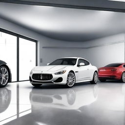 Create a hyper-realistic computer graphic of a Maserati in a spacious, modern garage