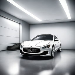 Create a hyper-realistic computer graphic of a Maserati in a spacious, modern garage