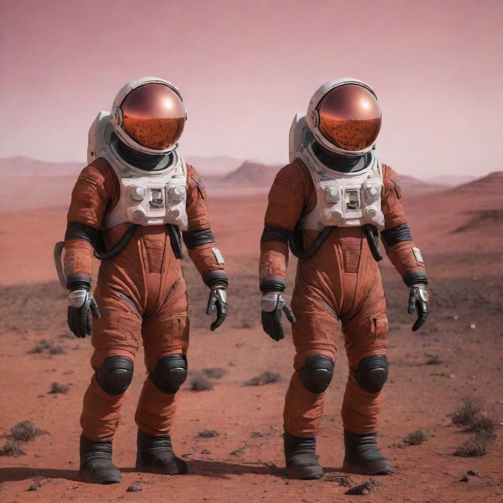 Identical humanoid Marsian creatures with reddish skin, large black eyes, and lean bodies in space suits exploring the rugged red Martian landscapes under a pinkish sky.