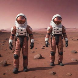 Identical humanoid Marsian creatures with reddish skin, large black eyes, and lean bodies in space suits exploring the rugged red Martian landscapes under a pinkish sky.