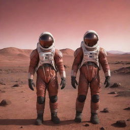 Identical humanoid Marsian creatures with reddish skin, large black eyes, and lean bodies in space suits exploring the rugged red Martian landscapes under a pinkish sky.