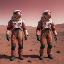 Identical humanoid Marsian creatures with reddish skin, large black eyes, and lean bodies in space suits exploring the rugged red Martian landscapes under a pinkish sky.