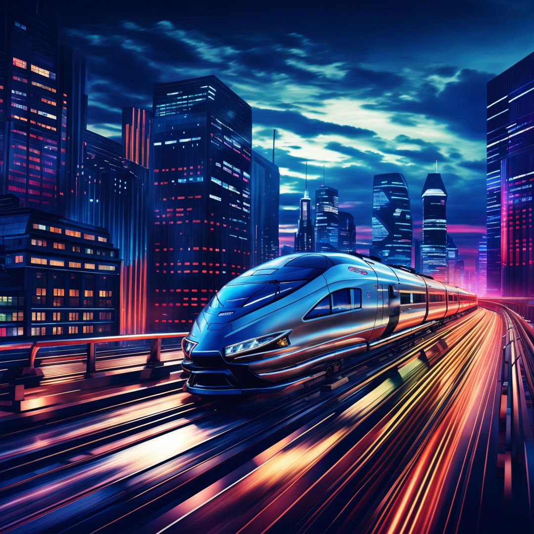 An image of the fastest electric train in the world speeding through a futuristic cityscape with sleek design, neon lights, and advanced technology